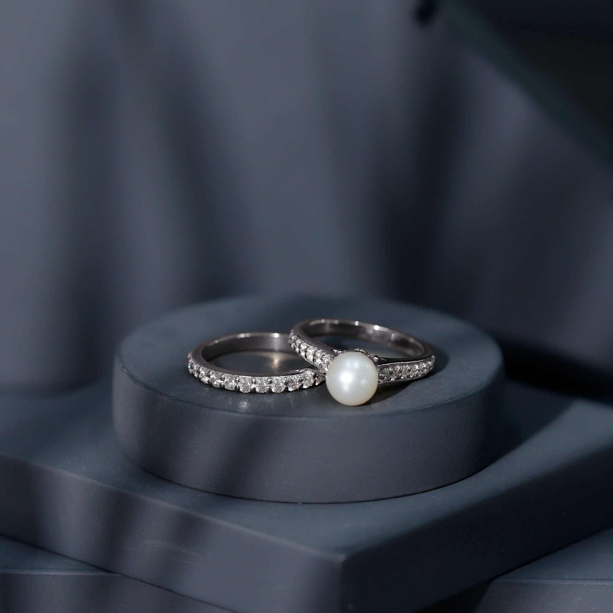 Cultured Freshwater Pearl Wedding Bridal Ring Set with Moissanite AAA - Rosec Jewels
