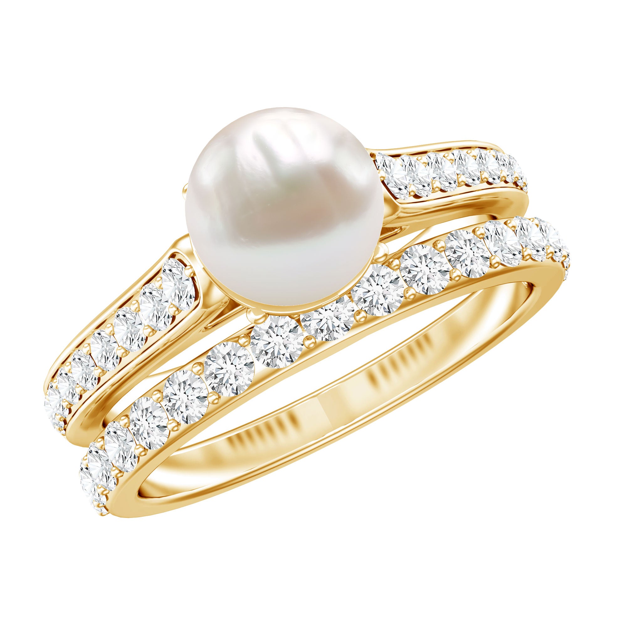 Cultured Freshwater Pearl Wedding Bridal Ring Set with Moissanite AAA - Rosec Jewels
