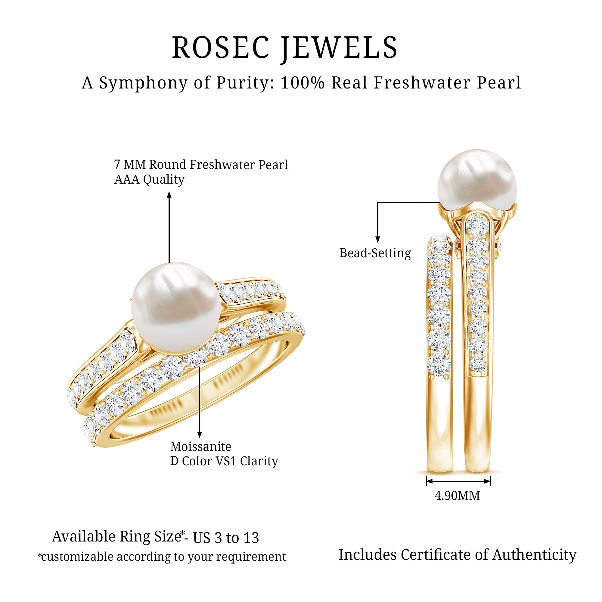 Cultured Freshwater Pearl Wedding Bridal Ring Set with Moissanite AAA - Rosec Jewels