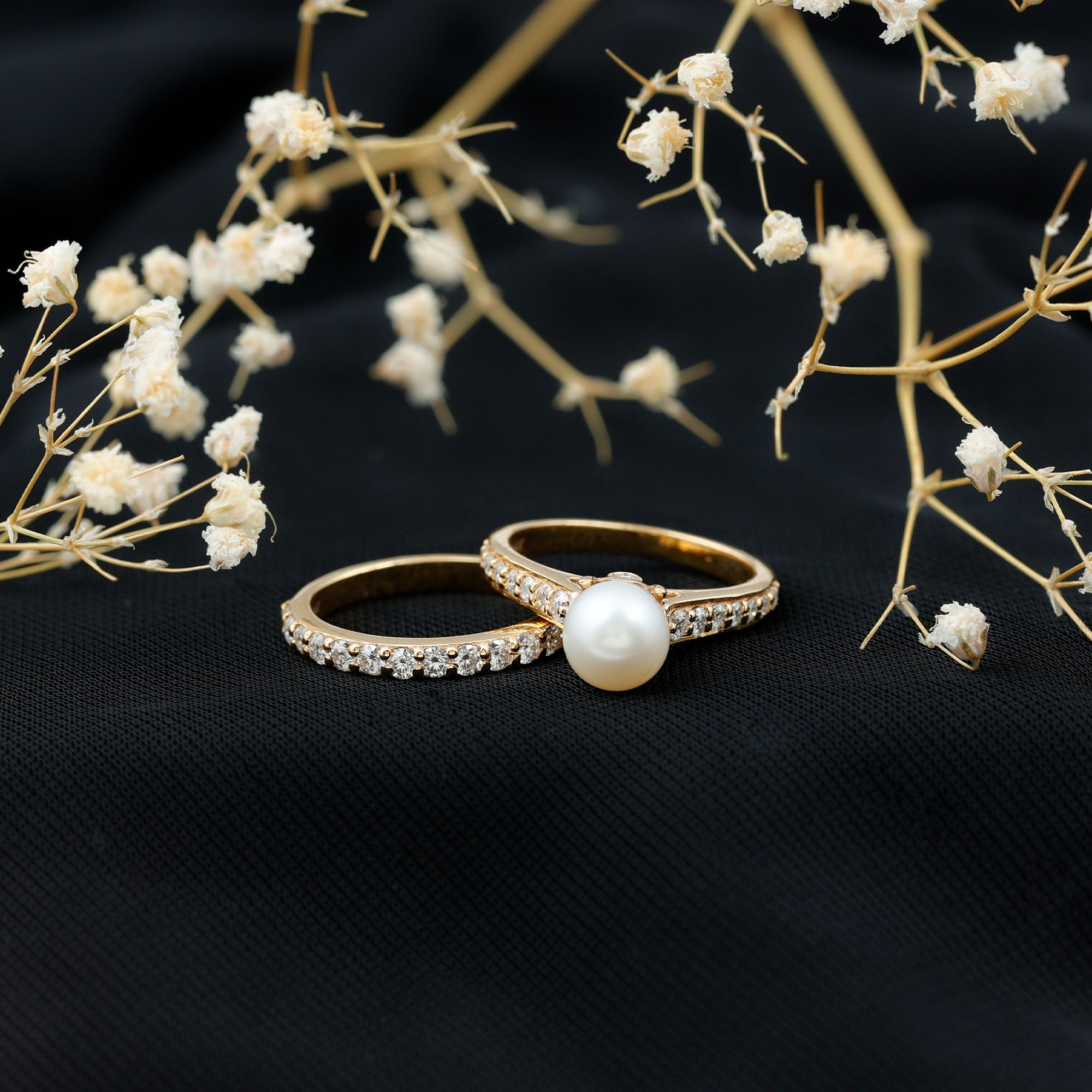 Cultured Freshwater Pearl Wedding Bridal Ring Set with Moissanite AAA - Rosec Jewels