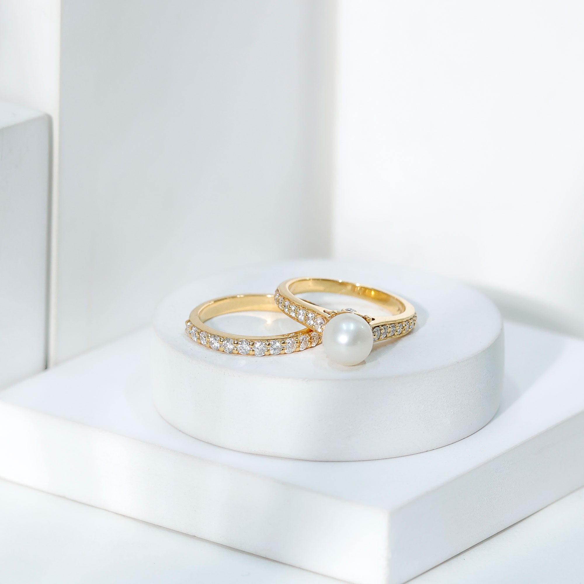 Cultured Freshwater Pearl Wedding Bridal Ring Set with Moissanite AAA - Rosec Jewels