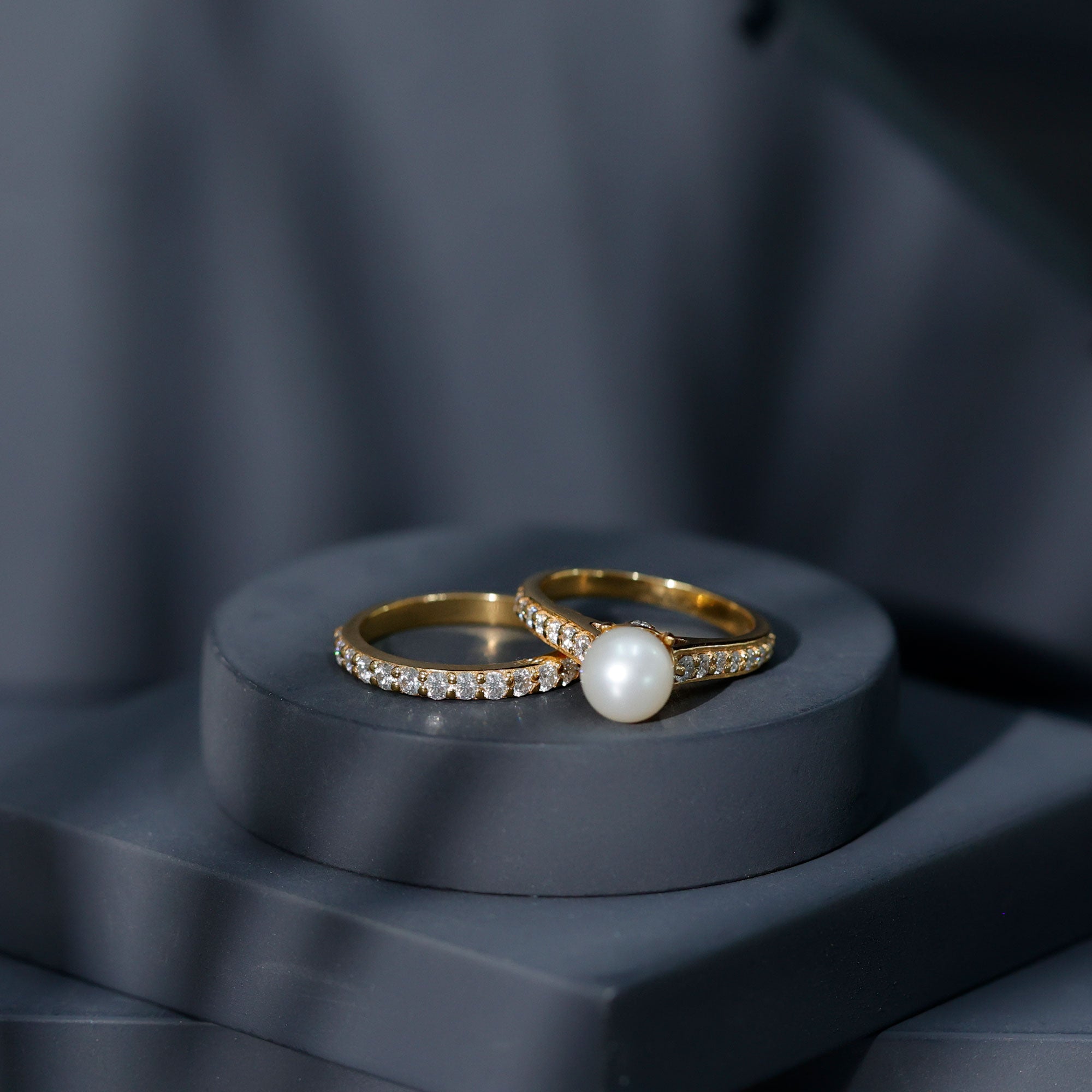 Cultured Freshwater Pearl Wedding Bridal Ring Set with Moissanite AAA - Rosec Jewels