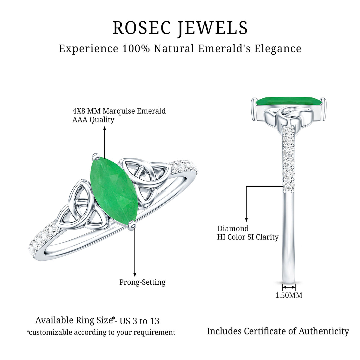 Natural Marquise Emerald Diamond Promise Ring with Celtic Knot AAA - Rosec Jewels