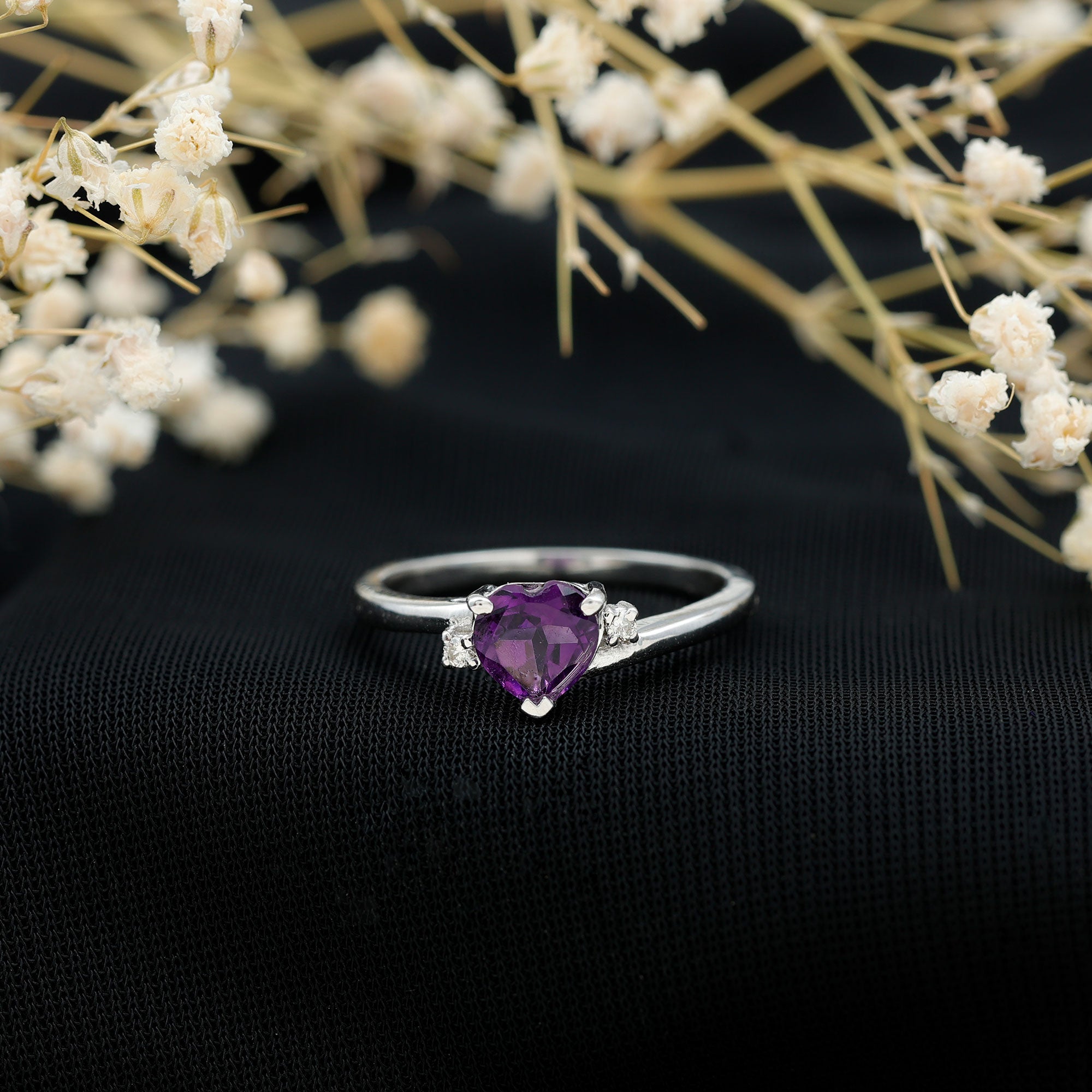 Real 0.9 Carat Amethyst Heart Engagement Ring with Diamond AAA - Rosec Jewels