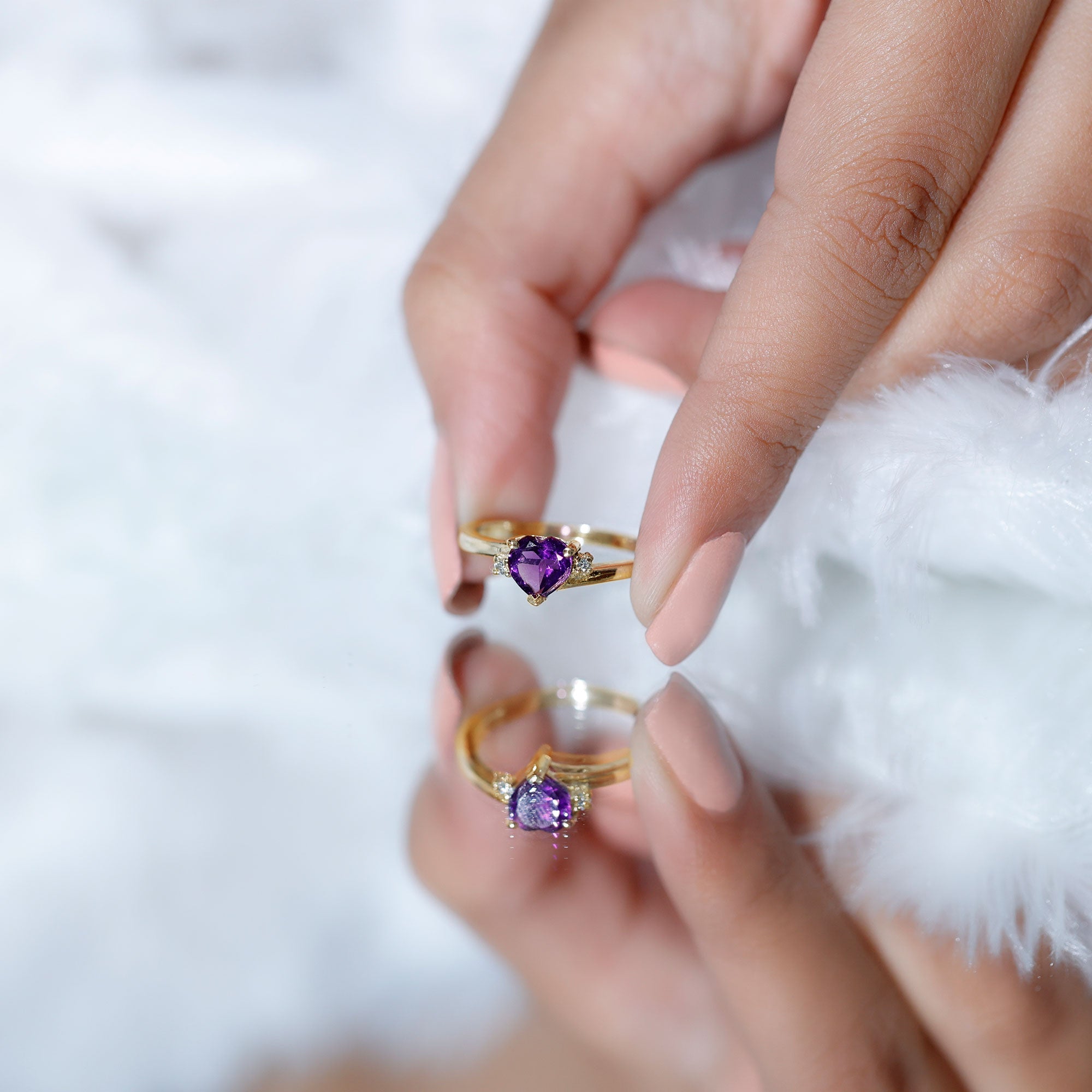 Real 0.9 Carat Amethyst Heart Engagement Ring with Diamond AAA - Rosec Jewels