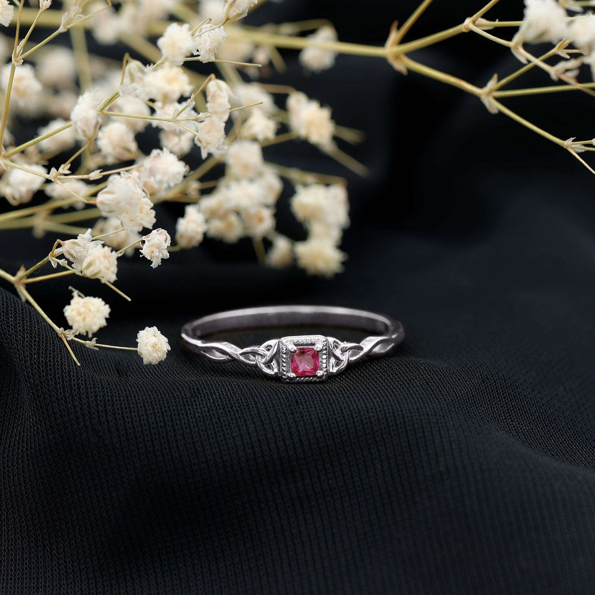 Rosec Jewels-Real Princess Cut Ruby Promise Ring with Celtic Knot