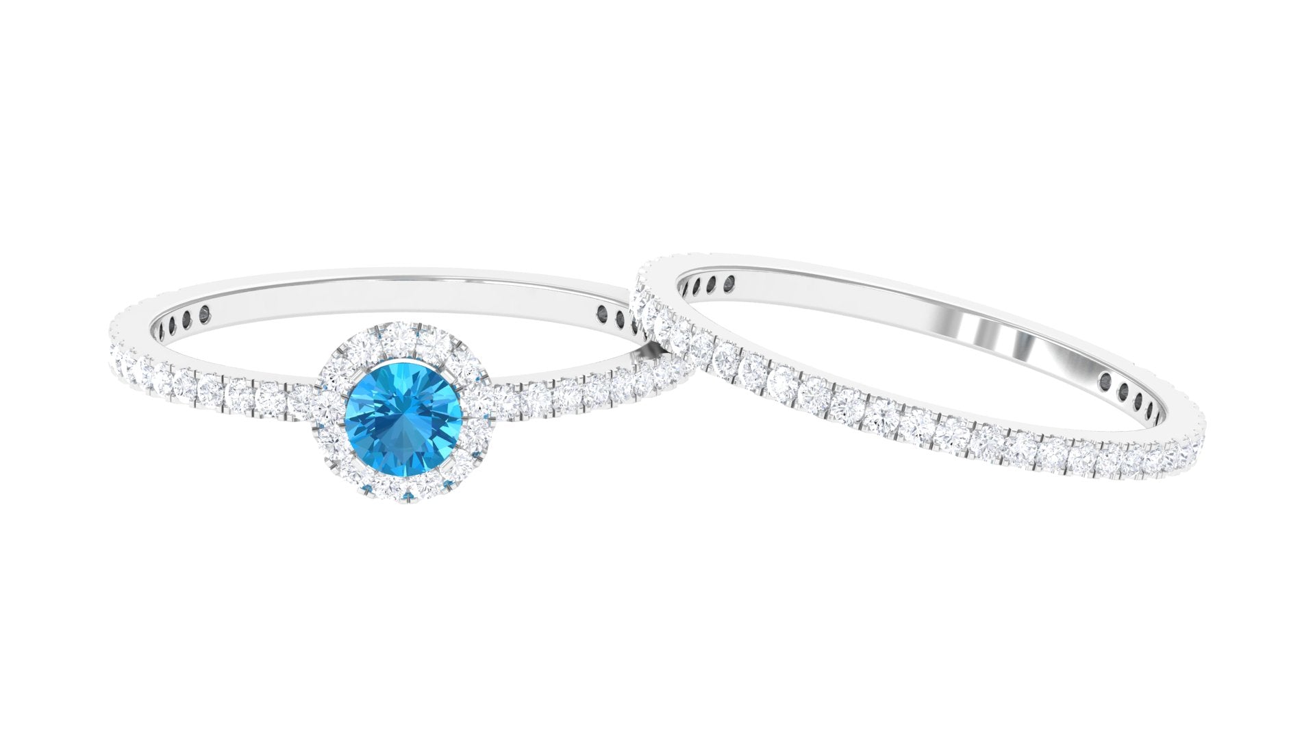 Minimal Round Shape Swiss Blue Topaz Halo Ring Set with Diamond