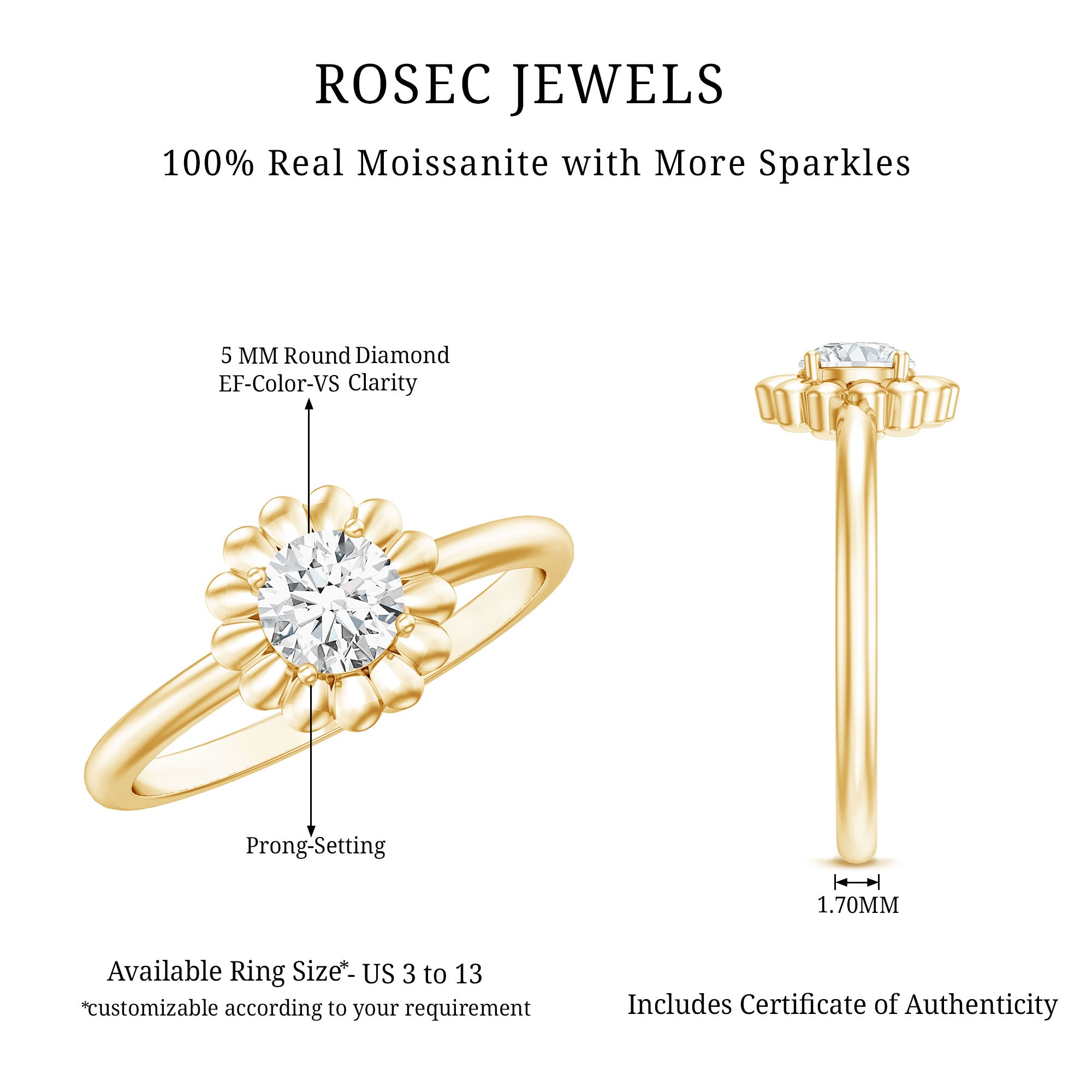 Brilliant Cut Moissanite Flower Promise Ring with Certificate D-VS1 - Rosec Jewels