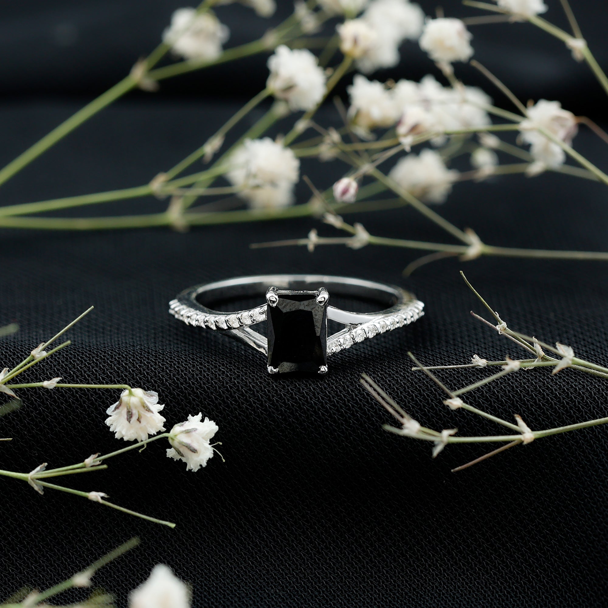 8X10MM Emerald Cut Lab Created Black Diamond Engagement Ring AAAA ( Synthetic ) - Rosec Jewels