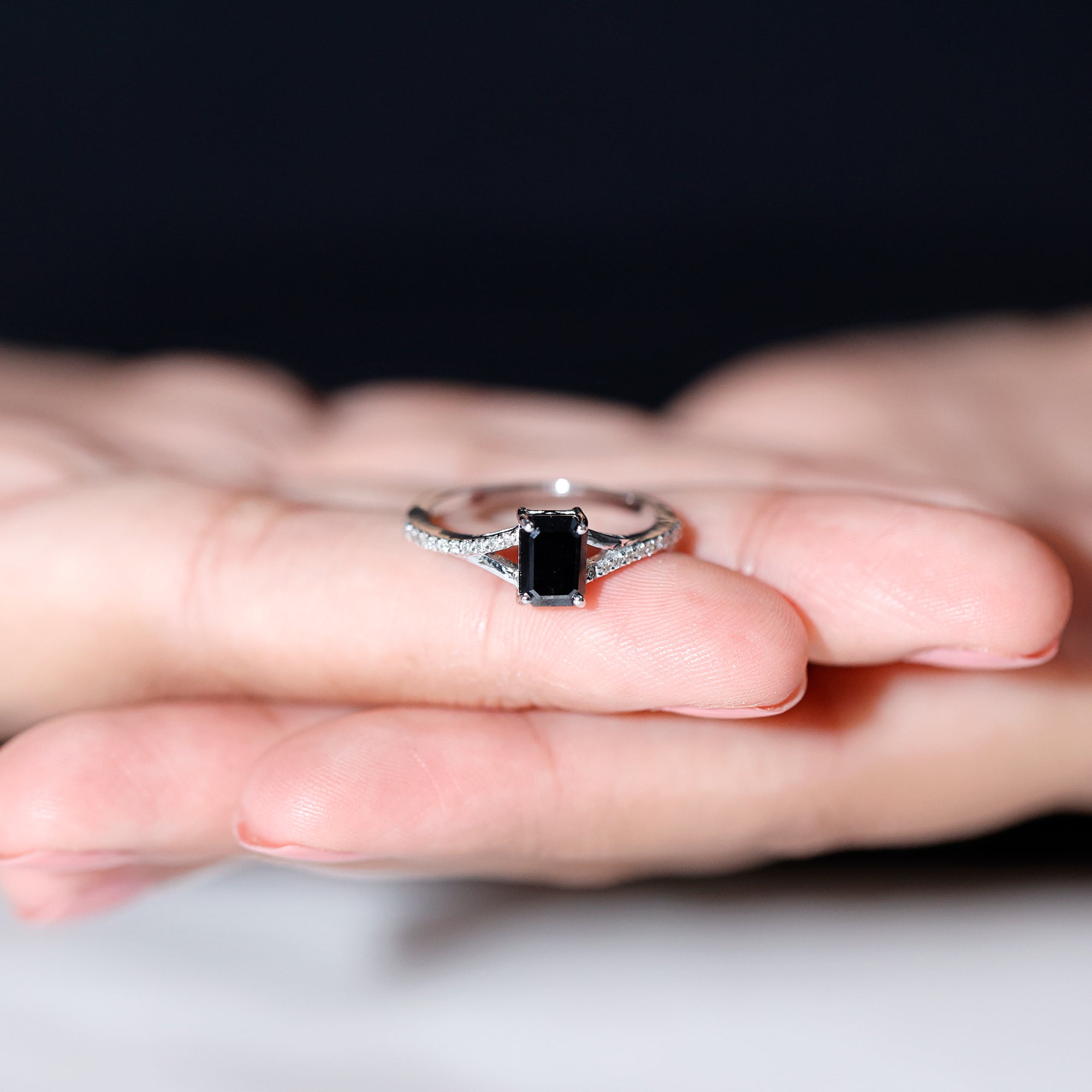 8X10MM Emerald Cut Lab Created Black Diamond Engagement Ring AAAA ( Synthetic ) - Rosec Jewels