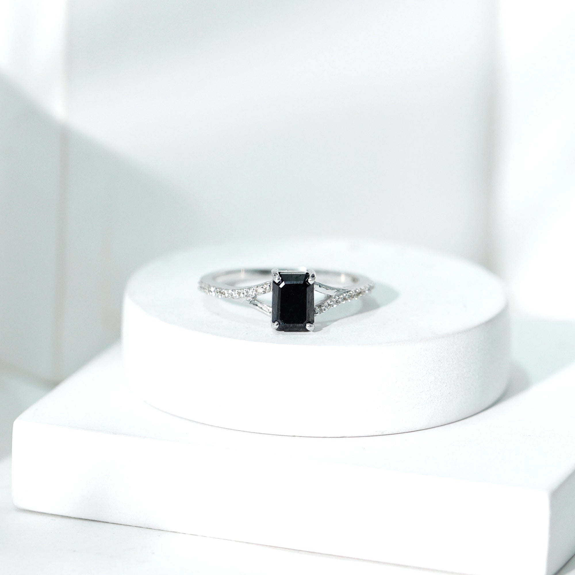 8X10MM Emerald Cut Lab Created Black Diamond Engagement Ring AAAA ( Synthetic ) - Rosec Jewels