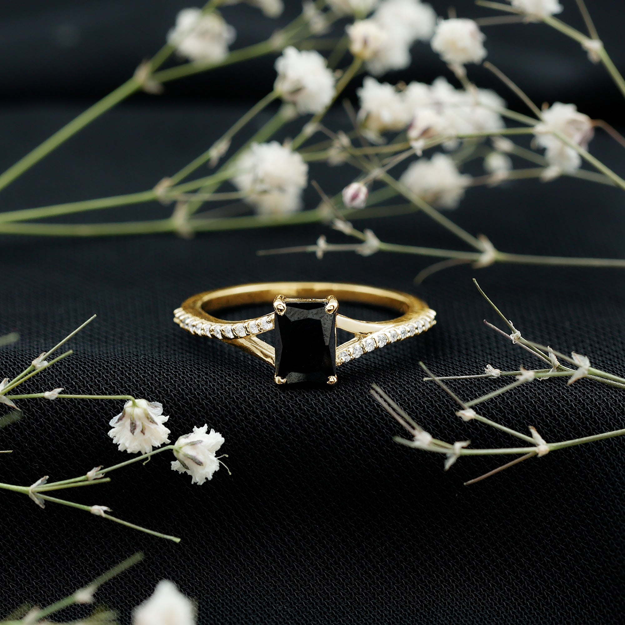 8X10MM Emerald Cut Lab Created Black Diamond Engagement Ring AAAA ( Synthetic ) - Rosec Jewels