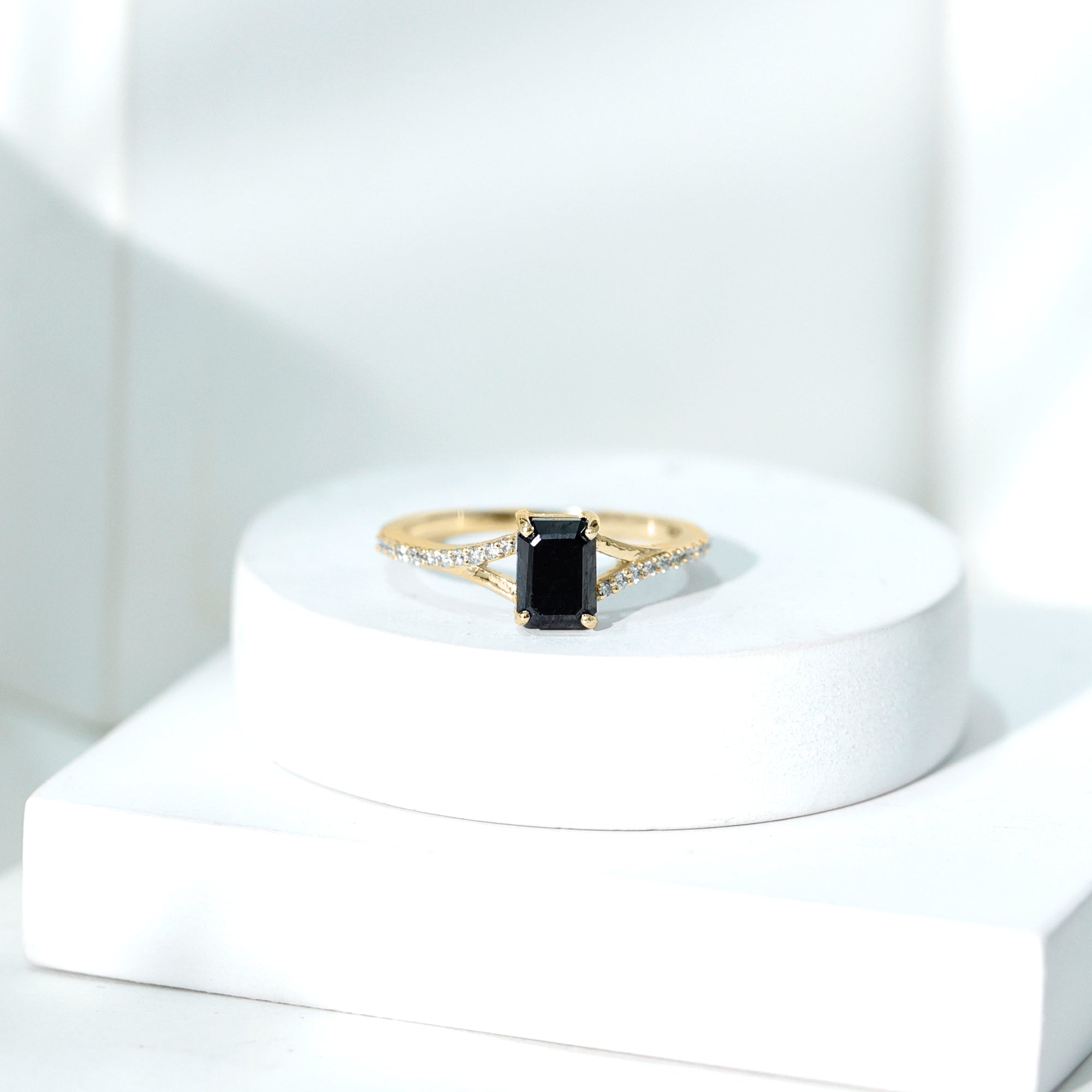 8X10MM Emerald Cut Lab Created Black Diamond Engagement Ring AAAA ( Synthetic ) - Rosec Jewels