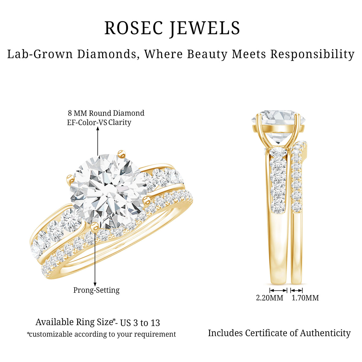 2 Carat Lab Grown Diamond Wedding Engagement Ring Set IGI Certified Lab - ( E-VS1 ) - Rosec Jewels