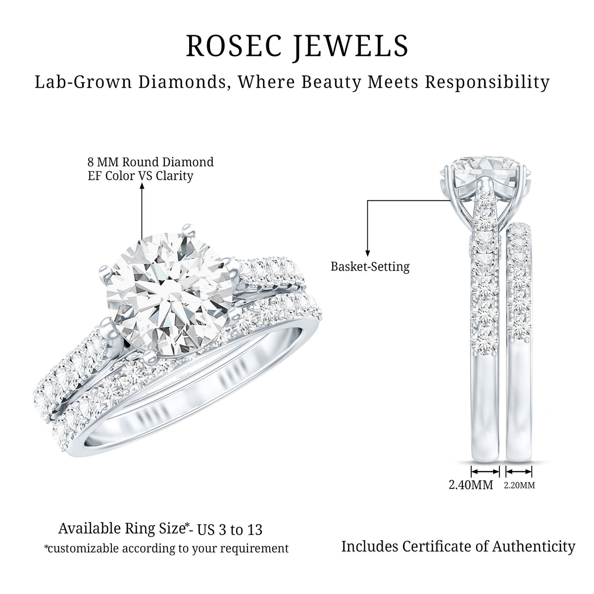Rosec Jewels-2 Carat Lab Grown Diamond Wedding Ring Set with IGI Certificate