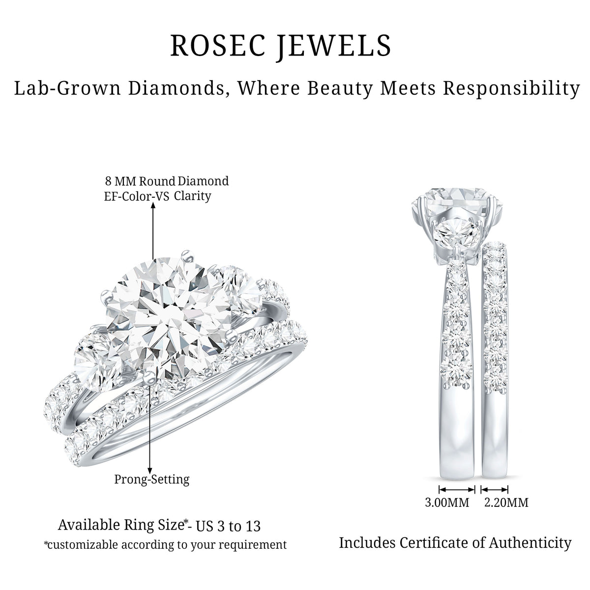 Rosec Jewels-IGI Graded 2 Carat Lab Grown Diamond Three Stone Engagement Ring with Enhancer
