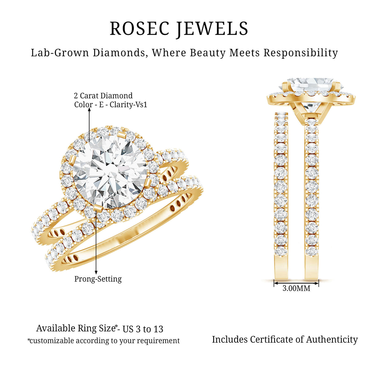 Lab Grown 2 Carat Diamond Halo Bridal Ring Set with IGI Certificate Lab - ( E-VS1 ) - Rosec Jewels