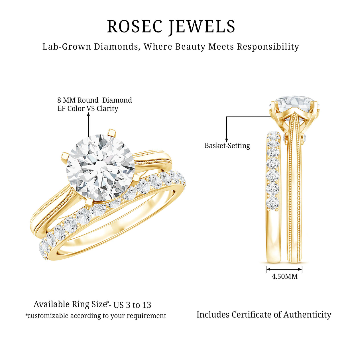 Rosec Jewels-IGI Authenticated Lab Created 2 Carat Diamond Solitaire Wedding Ring Set