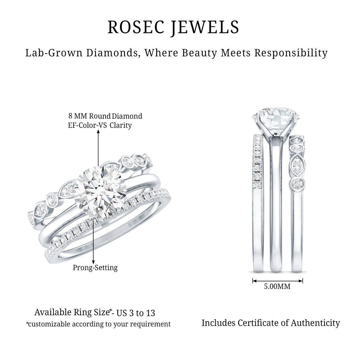 Rosec Jewels-IGI Documented 2 Carat Lab Grown Diamond Trio Bridal Ring Set for Women