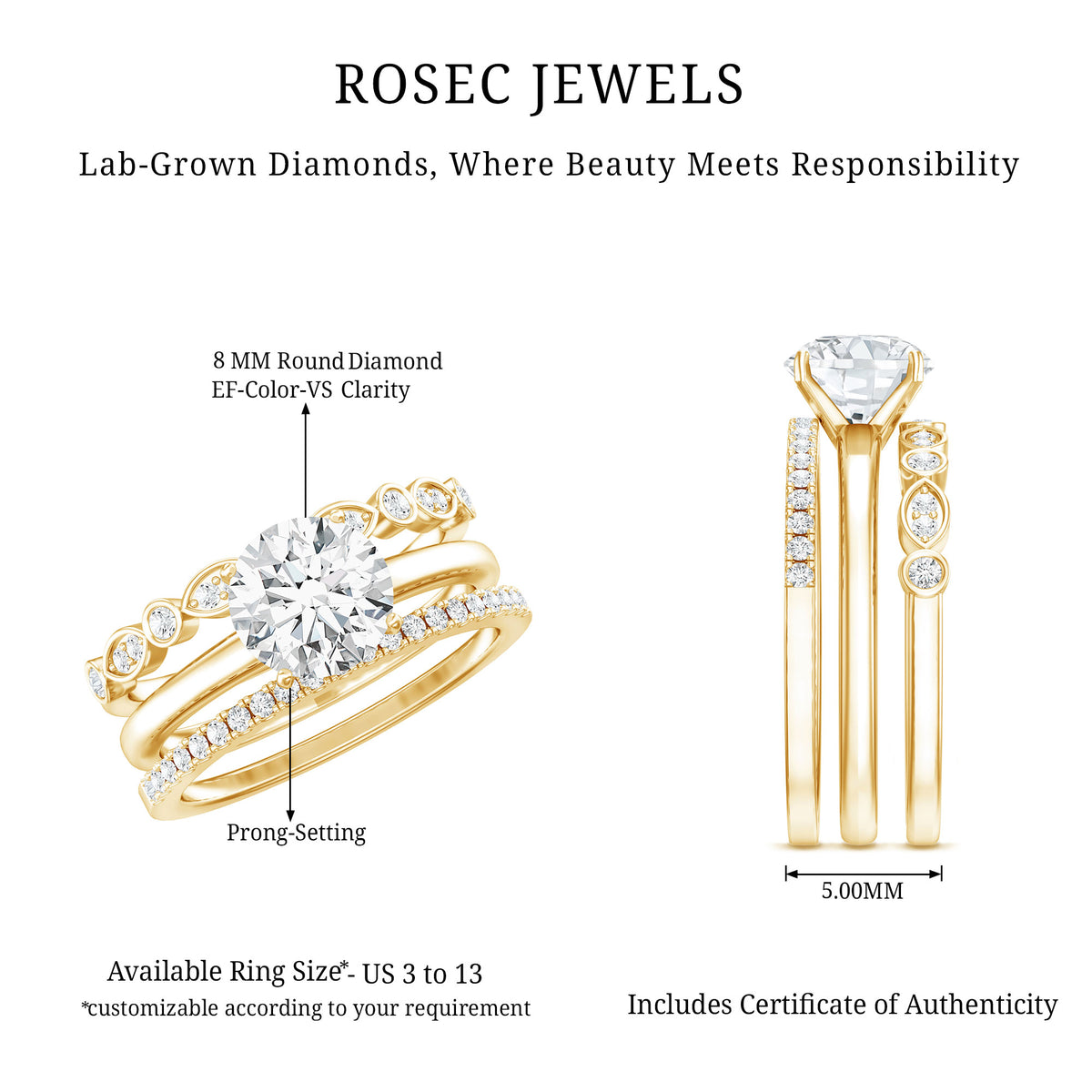 Rosec Jewels-IGI Documented 2 Carat Lab Grown Diamond Trio Bridal Ring Set for Women