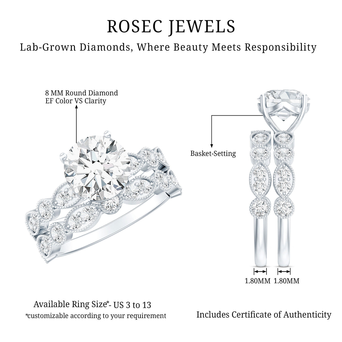 Rosec Jewels-Vintage Inspired 2 Carat Lab Grown Diamond Bridal Ring Set with IGI Certificate