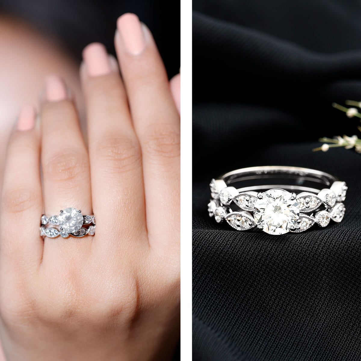 Rosec Jewels-Vintage Inspired 2 Carat Lab Grown Diamond Bridal Ring Set with IGI Certificate