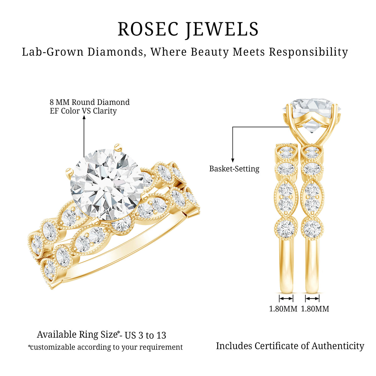 Rosec Jewels-Vintage Inspired 2 Carat Lab Grown Diamond Bridal Ring Set with IGI Certificate