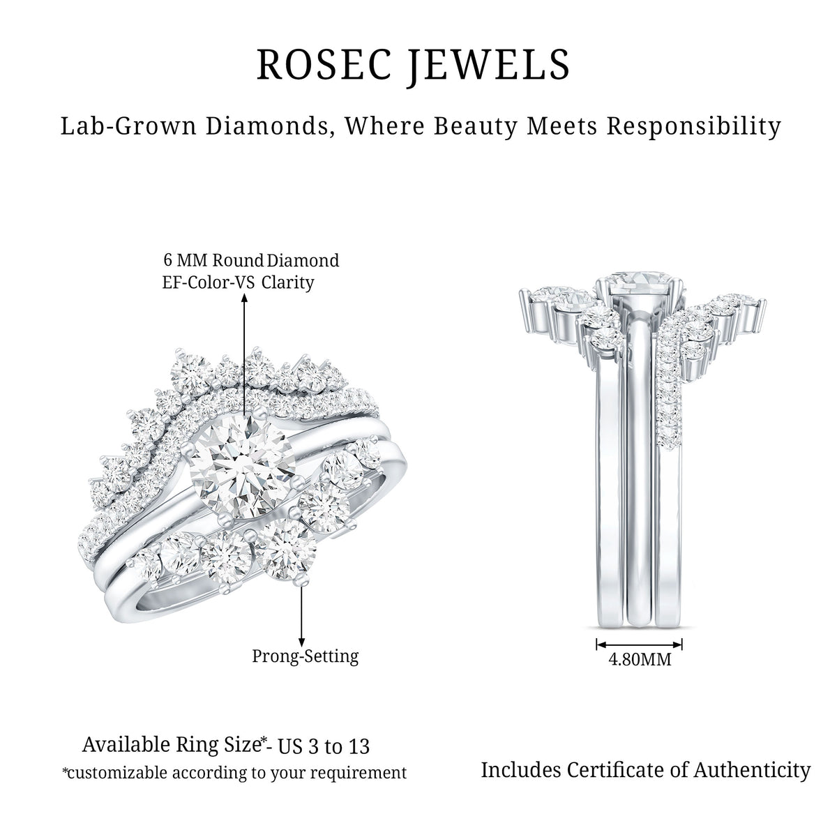 Rosec Jewels-IGI Authenticated 1 Carat Lab Diamond Antique Wedding Ring Set of 3
