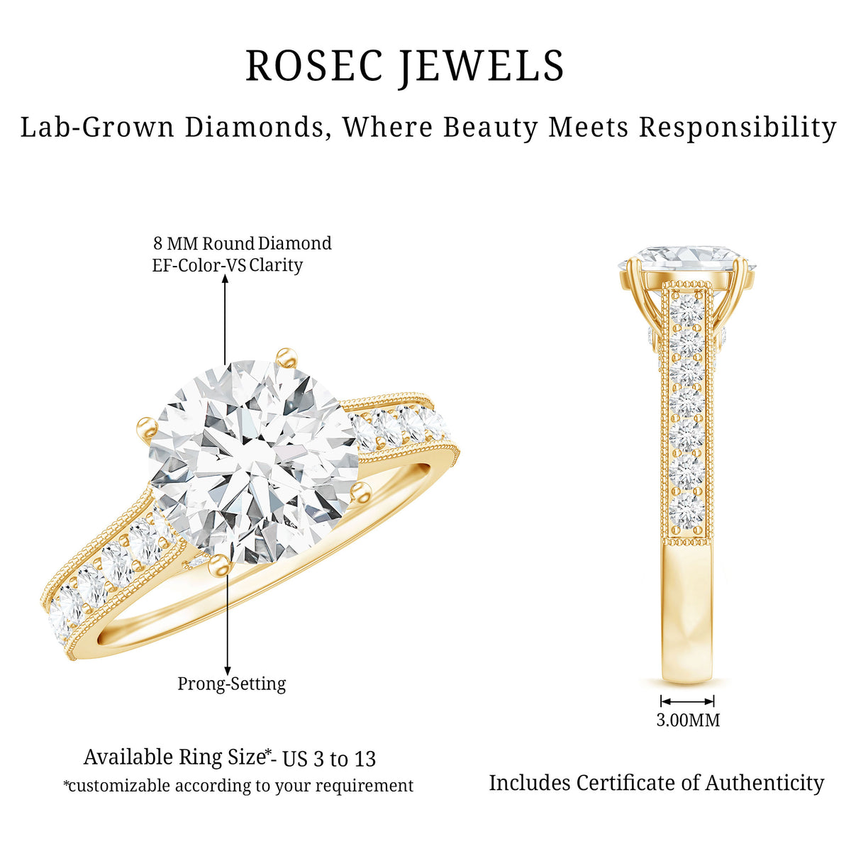 Rosec Jewels-2 Carat Round Lab Grown Diamond Classic Engagement Ring with IGI Certificate