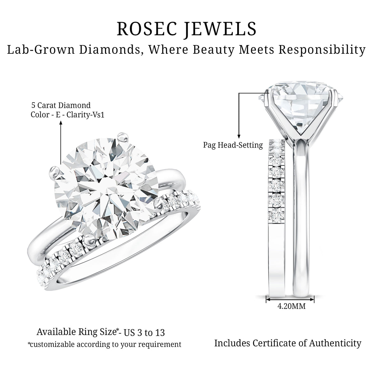 5 Carat Solitaire Lab Grown Diamond Ring Set with IGI Certificate Lab - ( E-VS1 ) - Rosec Jewels