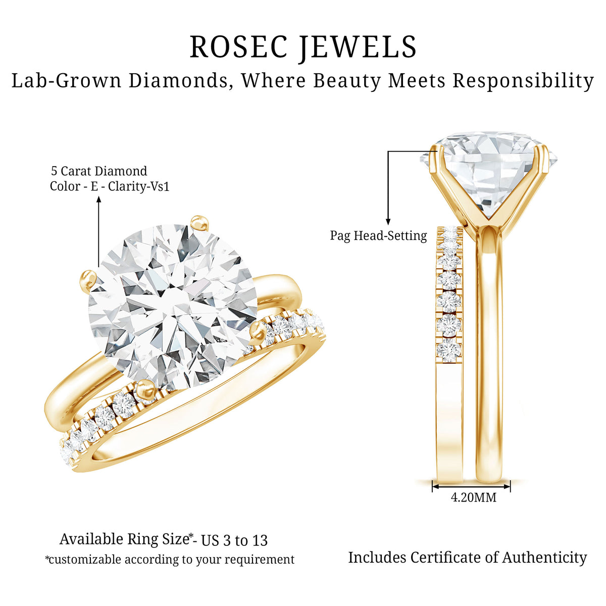 5 Carat Solitaire Lab Grown Diamond Ring Set with IGI Certificate Lab - ( E-VS1 ) - Rosec Jewels