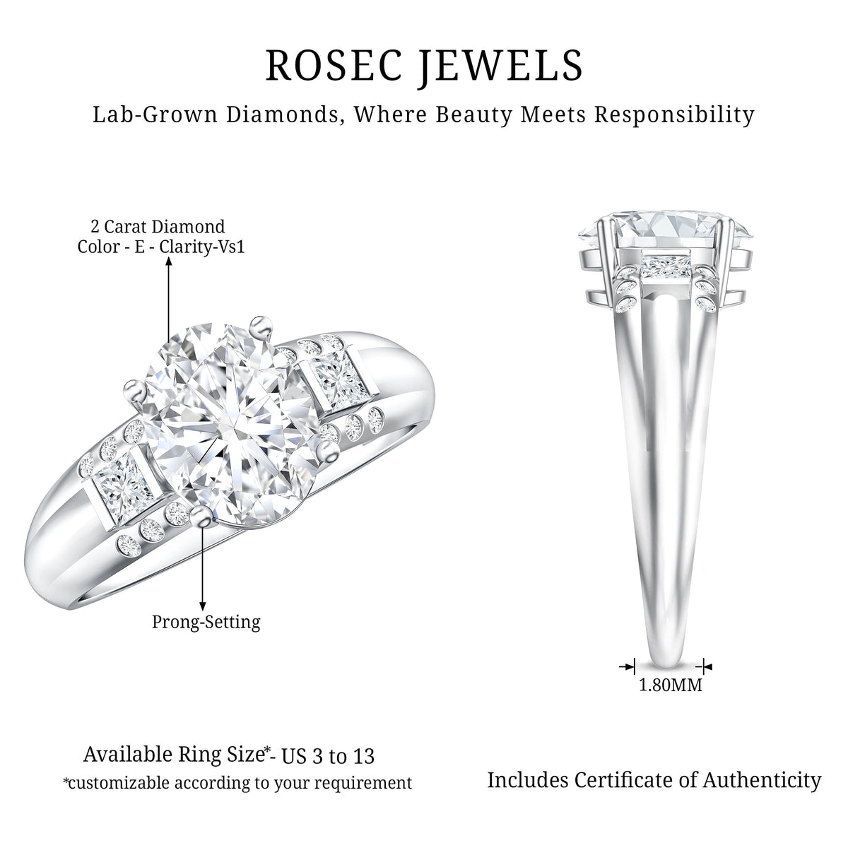 IGI Graded 2 Carat Lab Grown Oval Diamond Statement Ring Lab - ( E-VS1 ) - Rosec Jewels