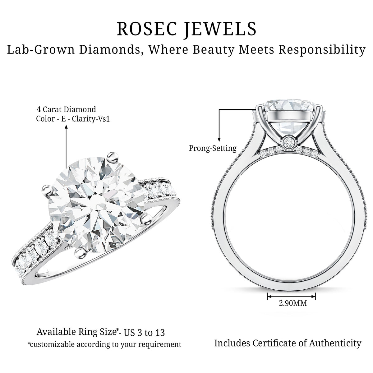 Rosec Jewels-IGI Authenticated 4 Carat Lab Grown Diamond Classic Engagement Ring