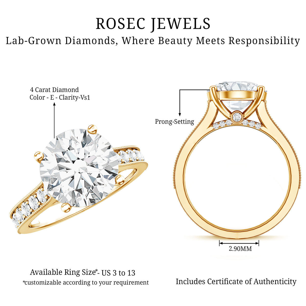Rosec Jewels-IGI Authenticated 4 Carat Lab Grown Diamond Classic Engagement Ring