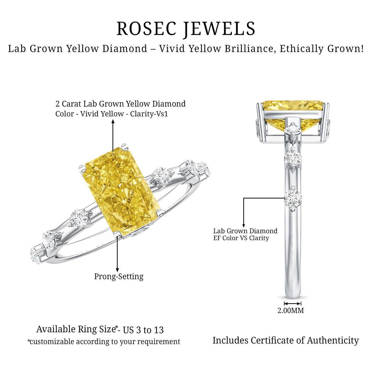 Rosec Jewels-2 Carat IGI Graded Lab Grown Yellow Radiant Cut Diamond Engagement Ring