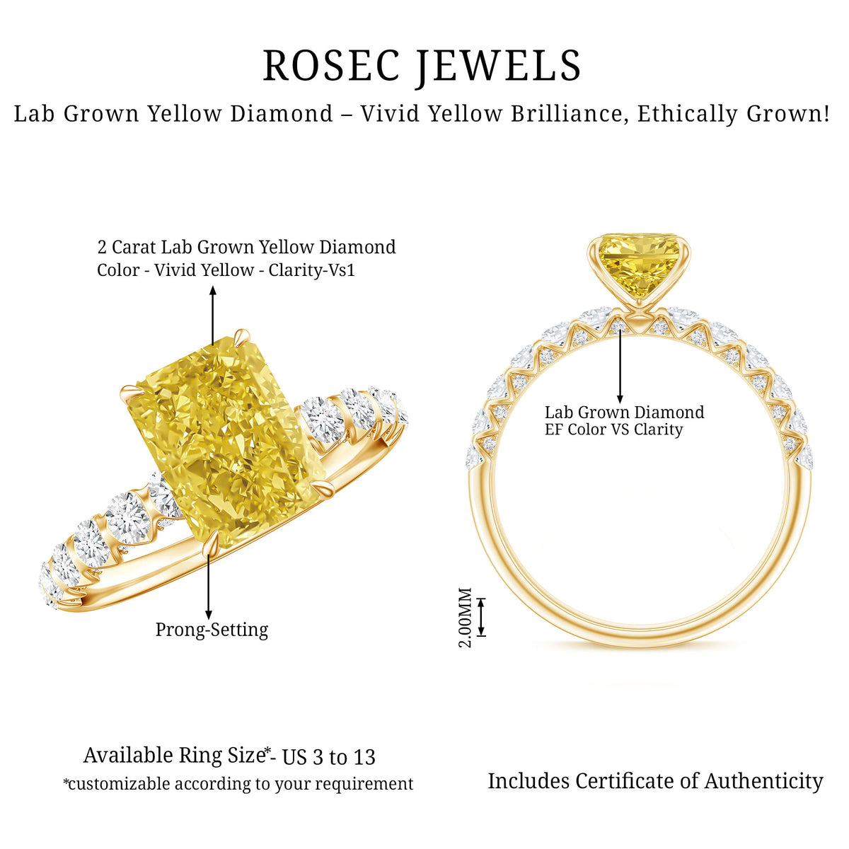 Rosec Jewels-IGI Graded 2 Carat Lab Grown Yellow and White Diamond Radiant Cut Engagement Ring