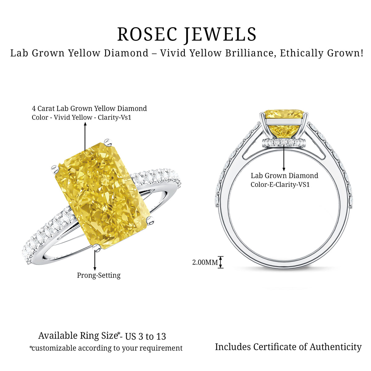 Rosec Jewels-Hidden Halo Radiant Cut Engagement Ring with IGI Verified 4 Carat Lab Yellow Diamond