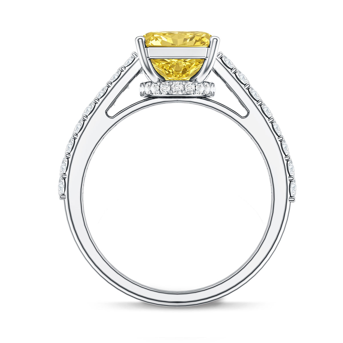 Rosec Jewels-Hidden Halo Radiant Cut Engagement Ring with IGI Verified 4 Carat Lab Yellow Diamond