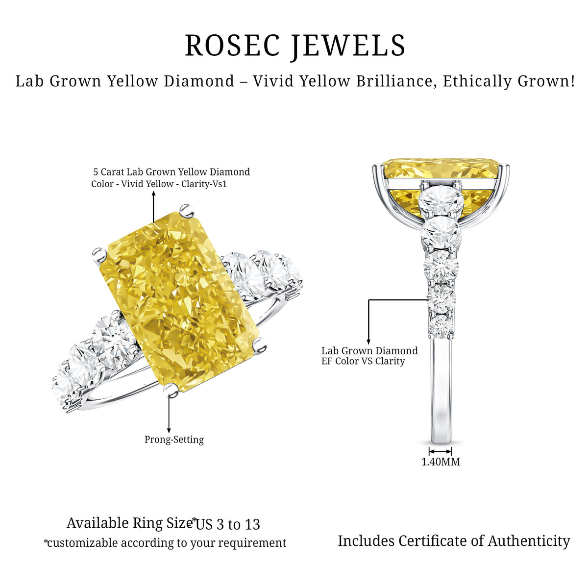 Rosec Jewels-IGI Graded Lab Grown 5 Carat Yellow Diamond Huge Engagement Ring with Side Stones