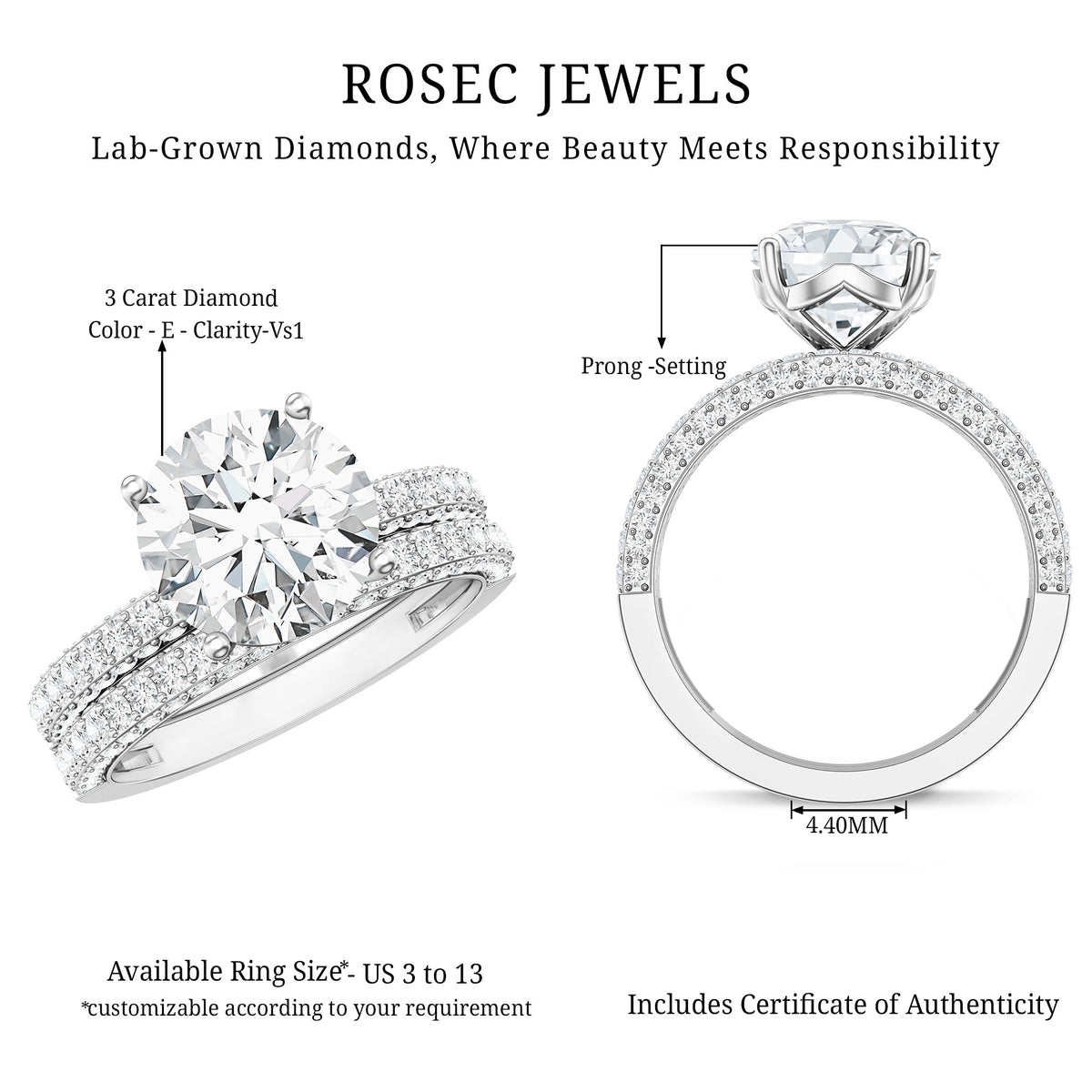 Rosec Jewels-IGI Verified Lab Grown Diamond 3 Carat Engagement Ring with Wedding Band