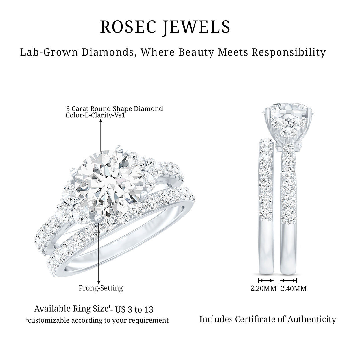 3 Carat Lab Diamond Engagement Ring Set with IGI Certificate Lab - ( E-VS1 ) - Rosec Jewels