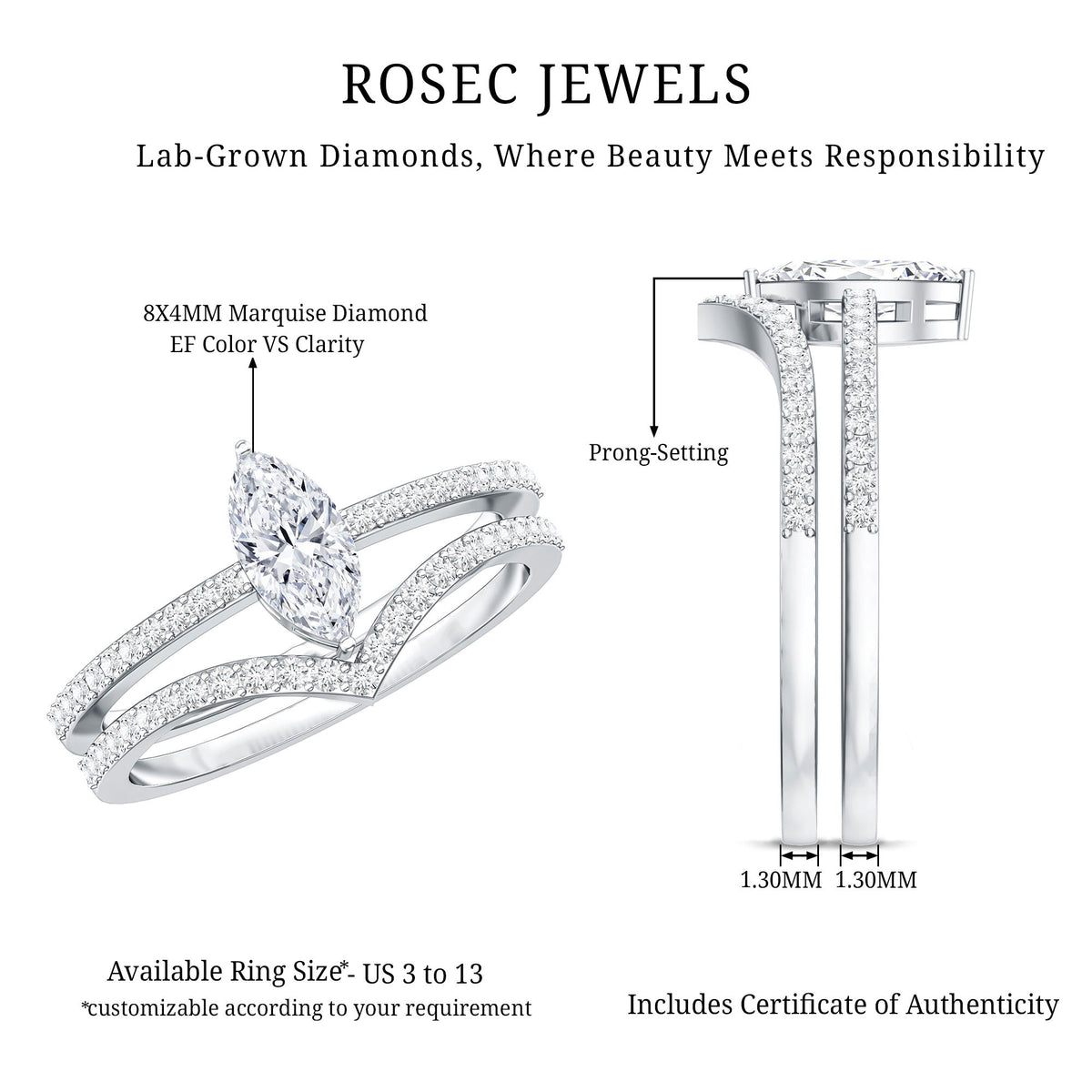Marquise Cut Lab Grown Diamond Bridal Ring Set for Her Lab - ( EF-VS ) - Rosec Jewels