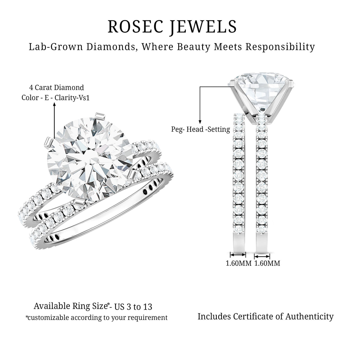 4 Carat Lab Grown Diamond Bridal Ring Set with IGI Certificate Lab - ( E-VS1 ) - Rosec Jewels