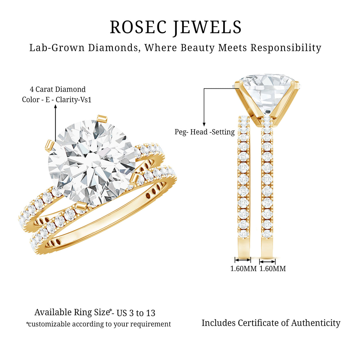 4 Carat Lab Grown Diamond Bridal Ring Set with IGI Certificate Lab - ( E-VS1 ) - Rosec Jewels