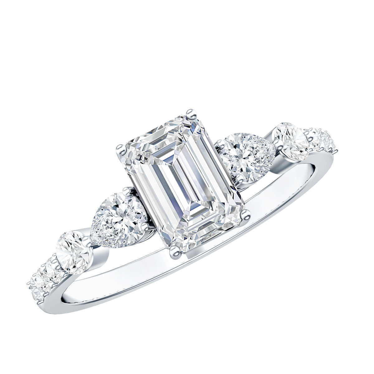 1.8 Carat Emerald Cut Moissanite Engagement Ring with Side Stones D-VS1 - Rosec Jewels