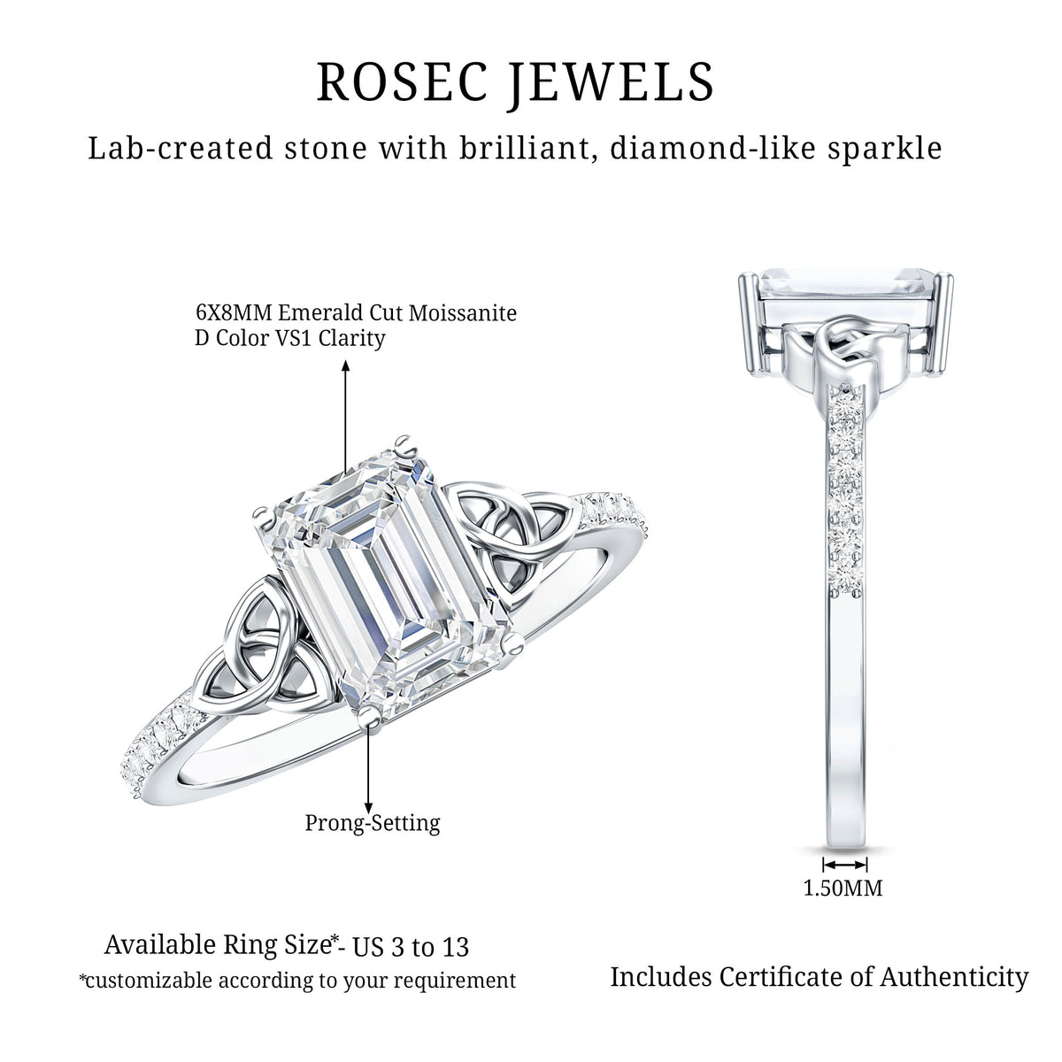 Certified Emerald Cut Moissanite Celtic Knot Engagement Ring D-VS1 - Rosec Jewels