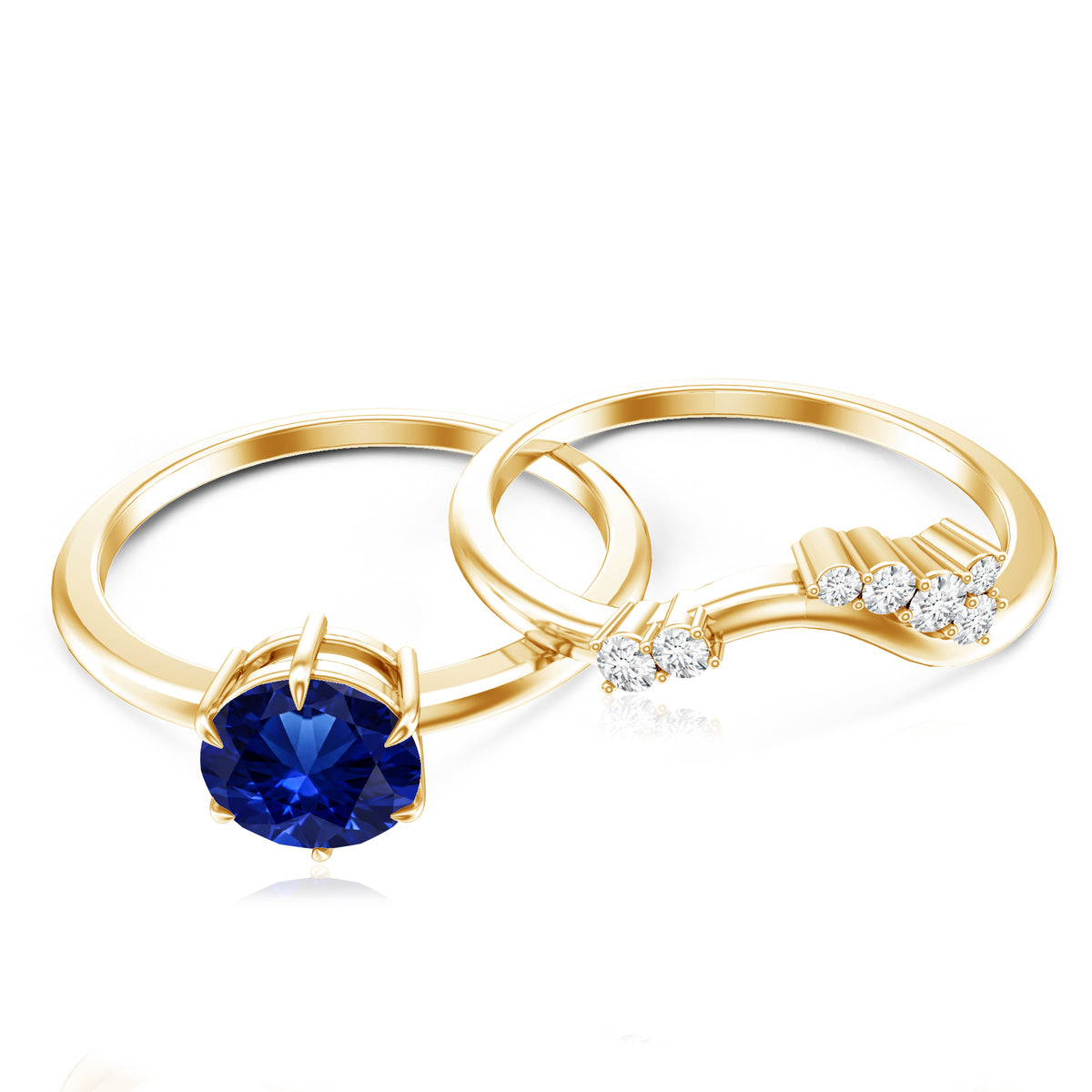 1 Carat Lab Grown Blue Sapphire Bridal Ring Set with Diamond AAAA - Rosec Jewels