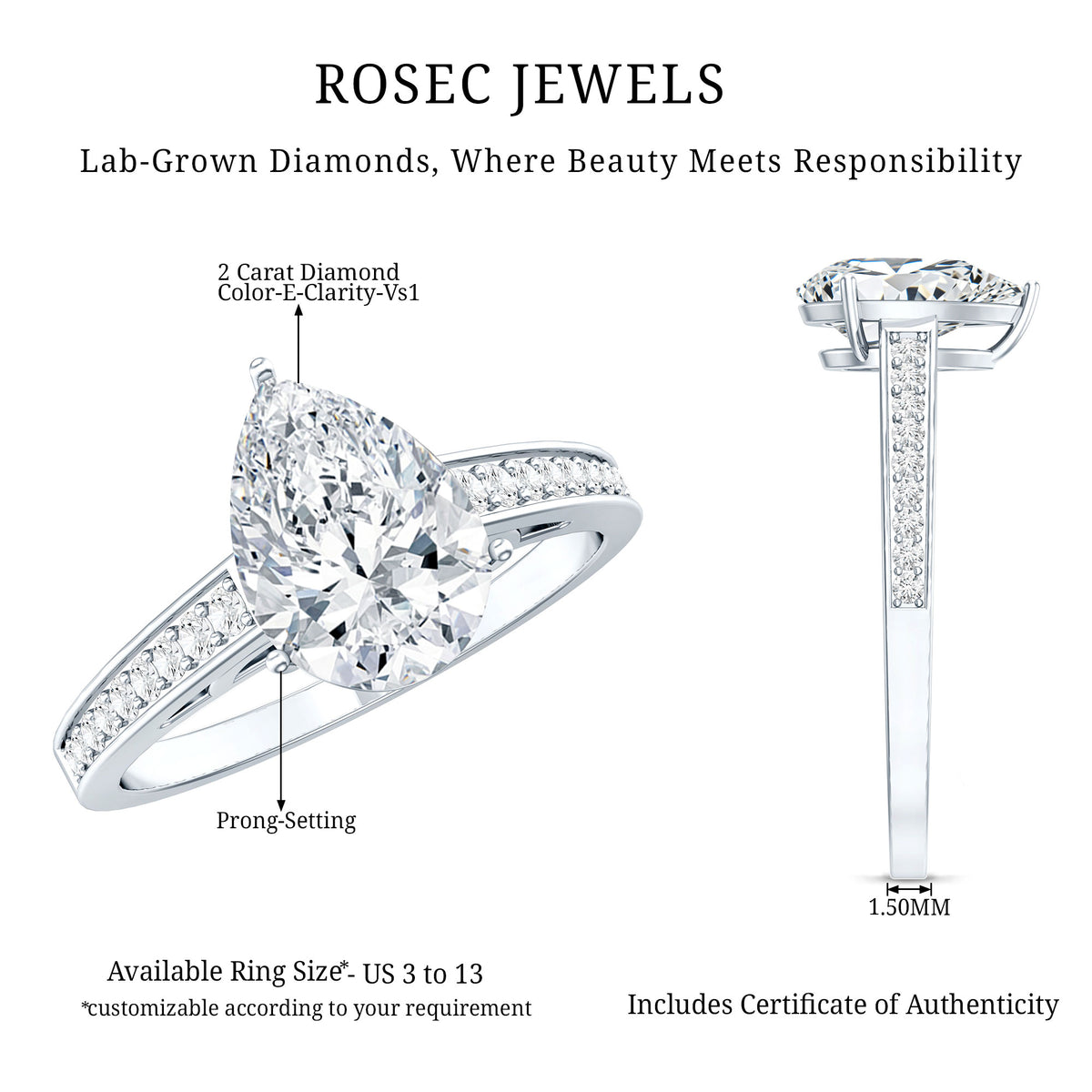 Rosec Jewels-IGI Graded Lab Created 2 Carat Diamond Teardrop Engagement Ring with Side Stones