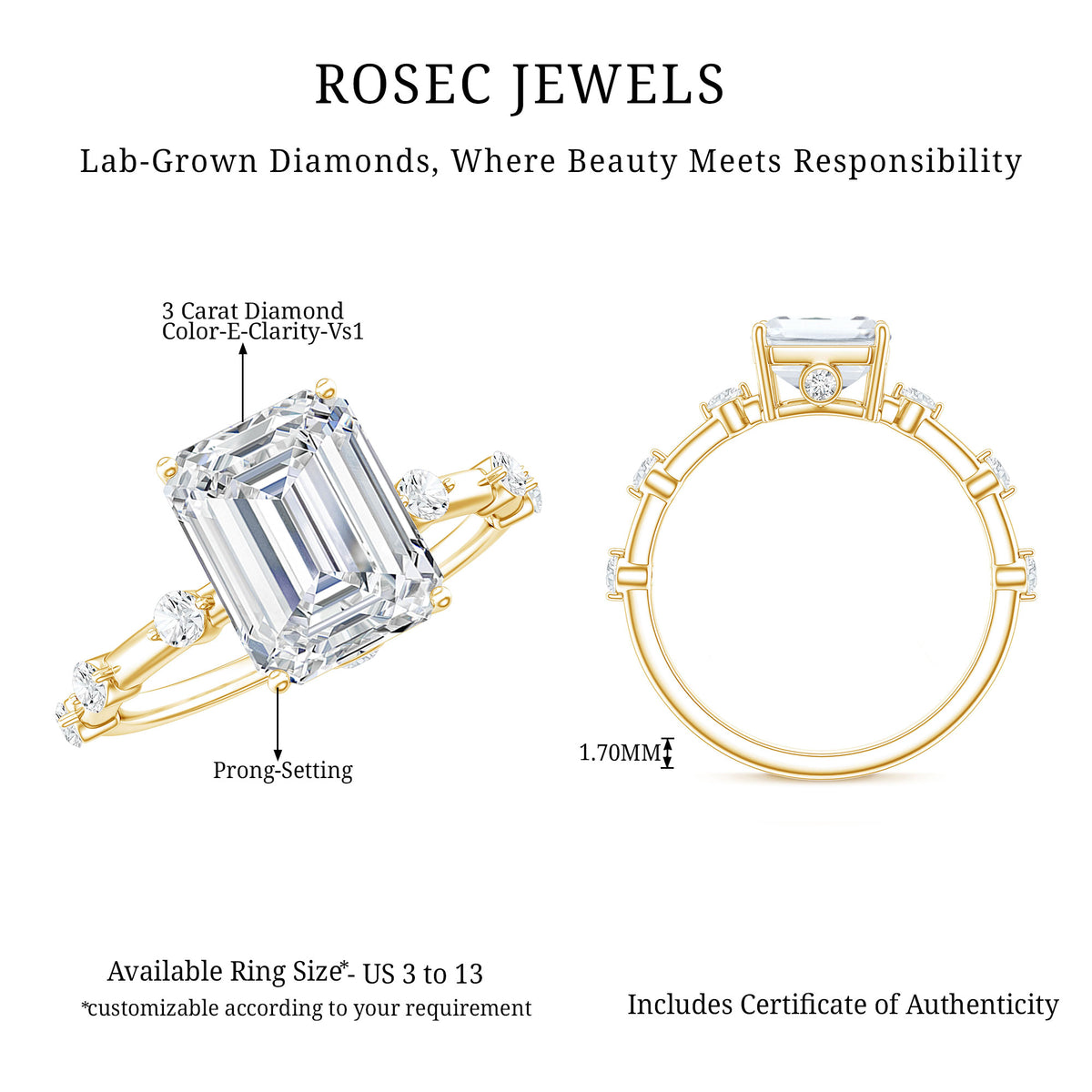 Rosec Jewels-Lab Grown 3 Carat Diamond Emerald Cut Engagement Ring with IGI Certificate