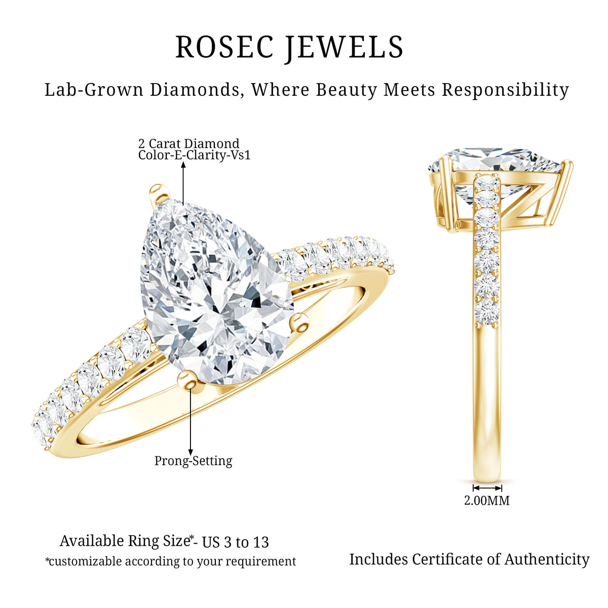 Rosec Jewels-IGI Verified 2 Carat Lab Created Diamond Pear Engagement Ring for Women